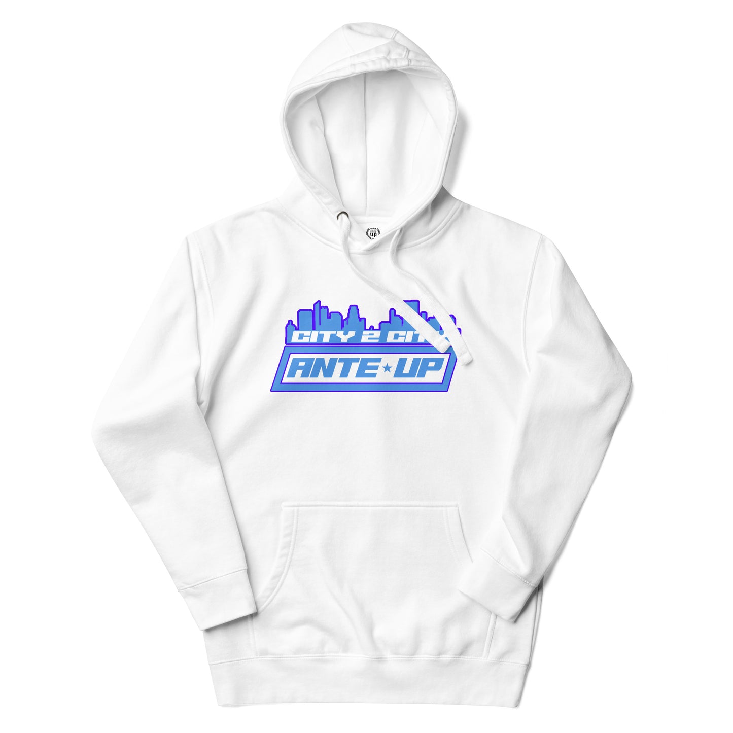 Studio stock photo of the Ante Up City 2 City Hoodie in white, centered and isolated on a neutral background to showcase its clean design and details.