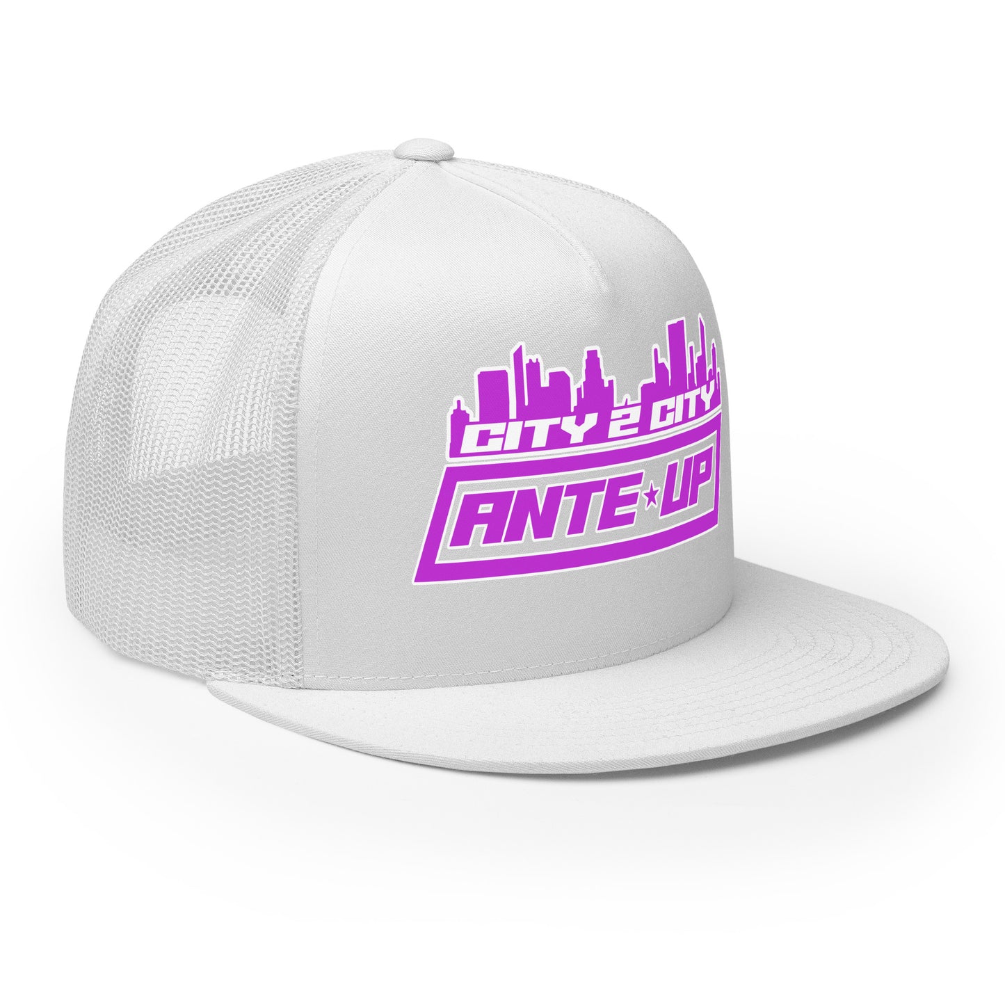 Angled front-right perspective of a white trucker hat featuring the vibrant purple City 2 City logo, curved brim, and mesh backing.