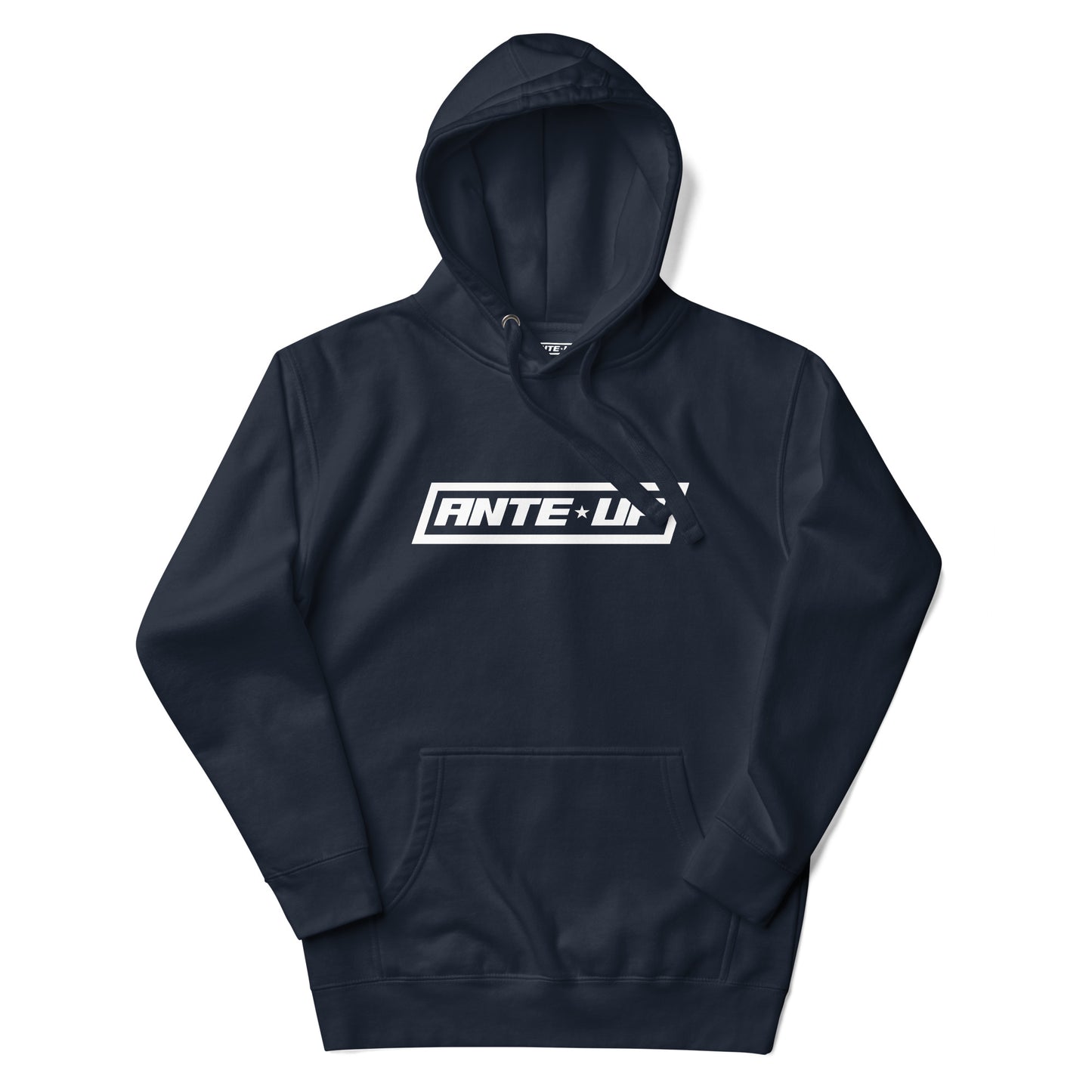 Navy Ante Up Framed Logo Hoodie laid flat, highlighting the clean white framed logo and deep blue tone.
