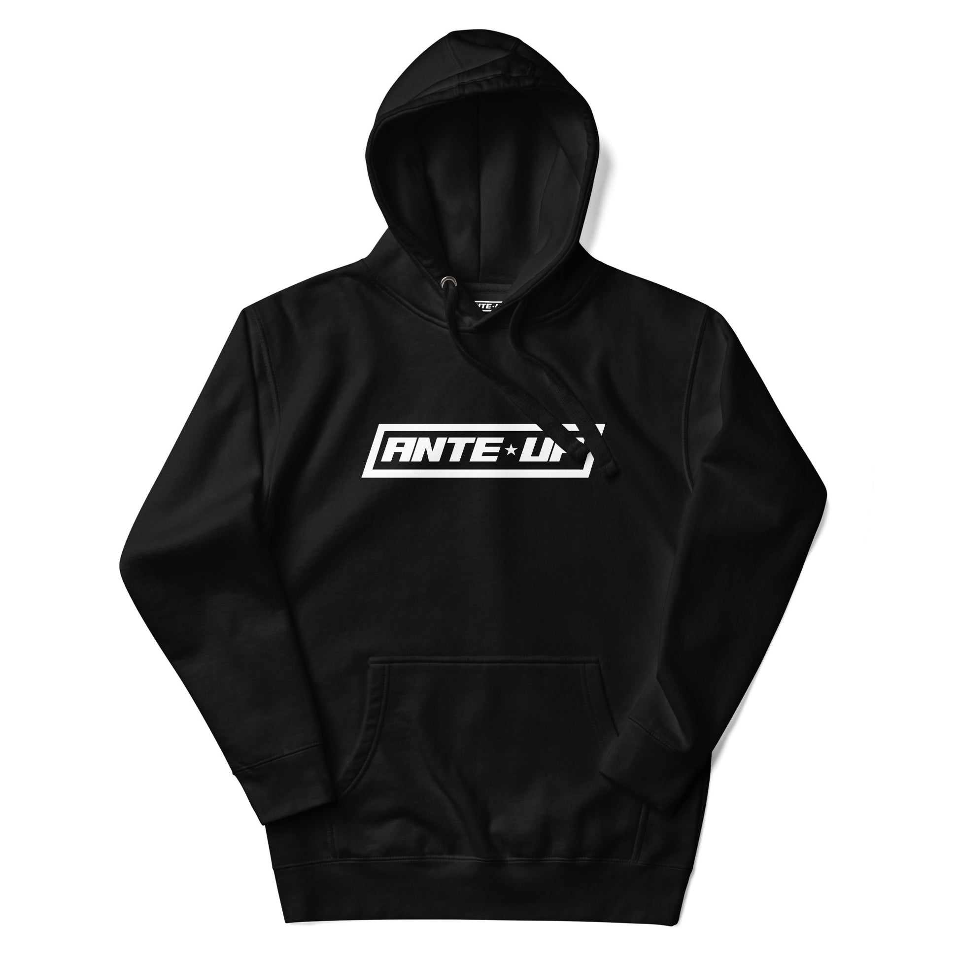 Ante Up Framed Logo Hoodie in black displayed on hanger with front-facing view, showcasing bold white framed logo on chest.