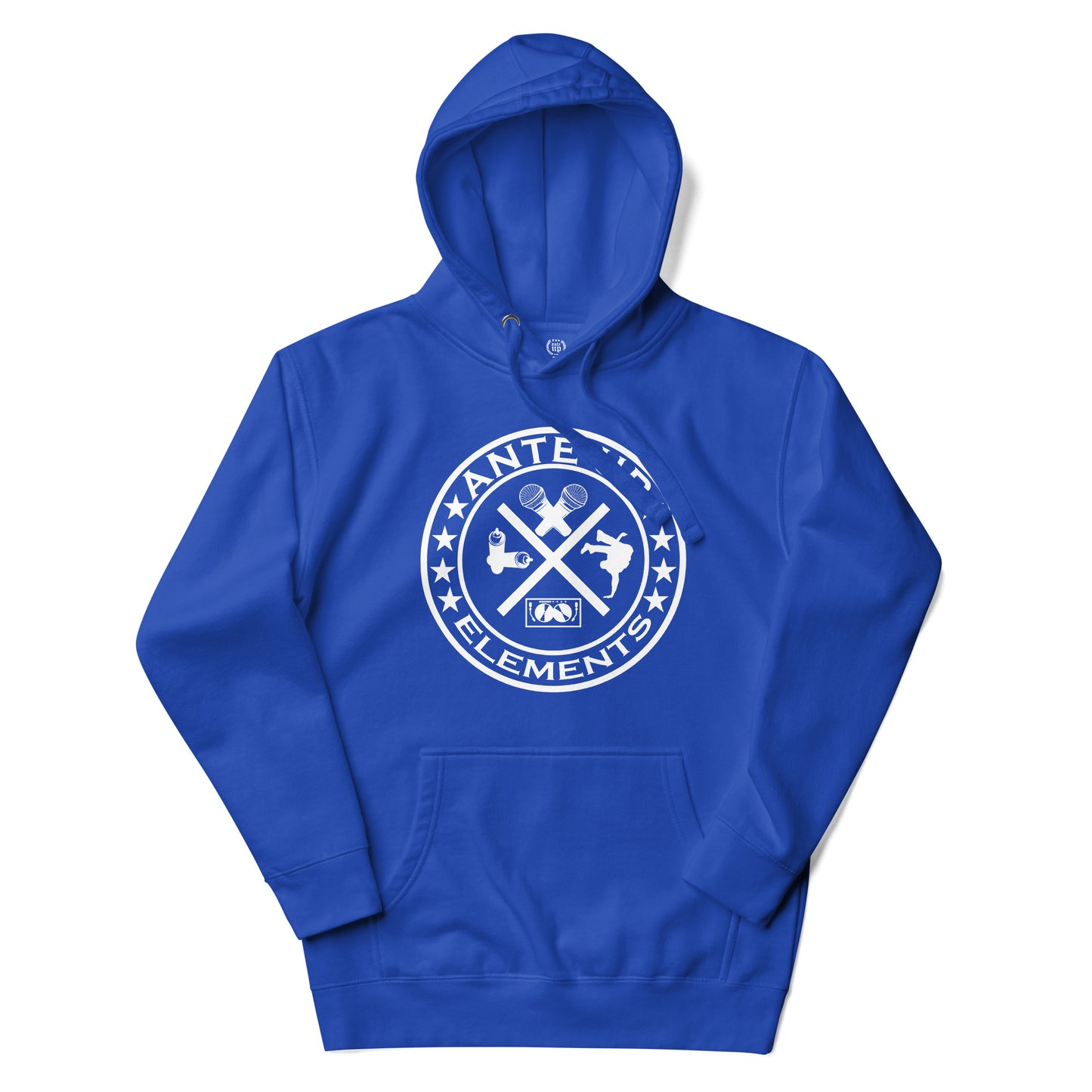 Laid-back lifestyle shot of the Ante Up 4 Hip Hop Elements Hoodie in blue, styled to reflect hip hop's creative roots and urban vibe.