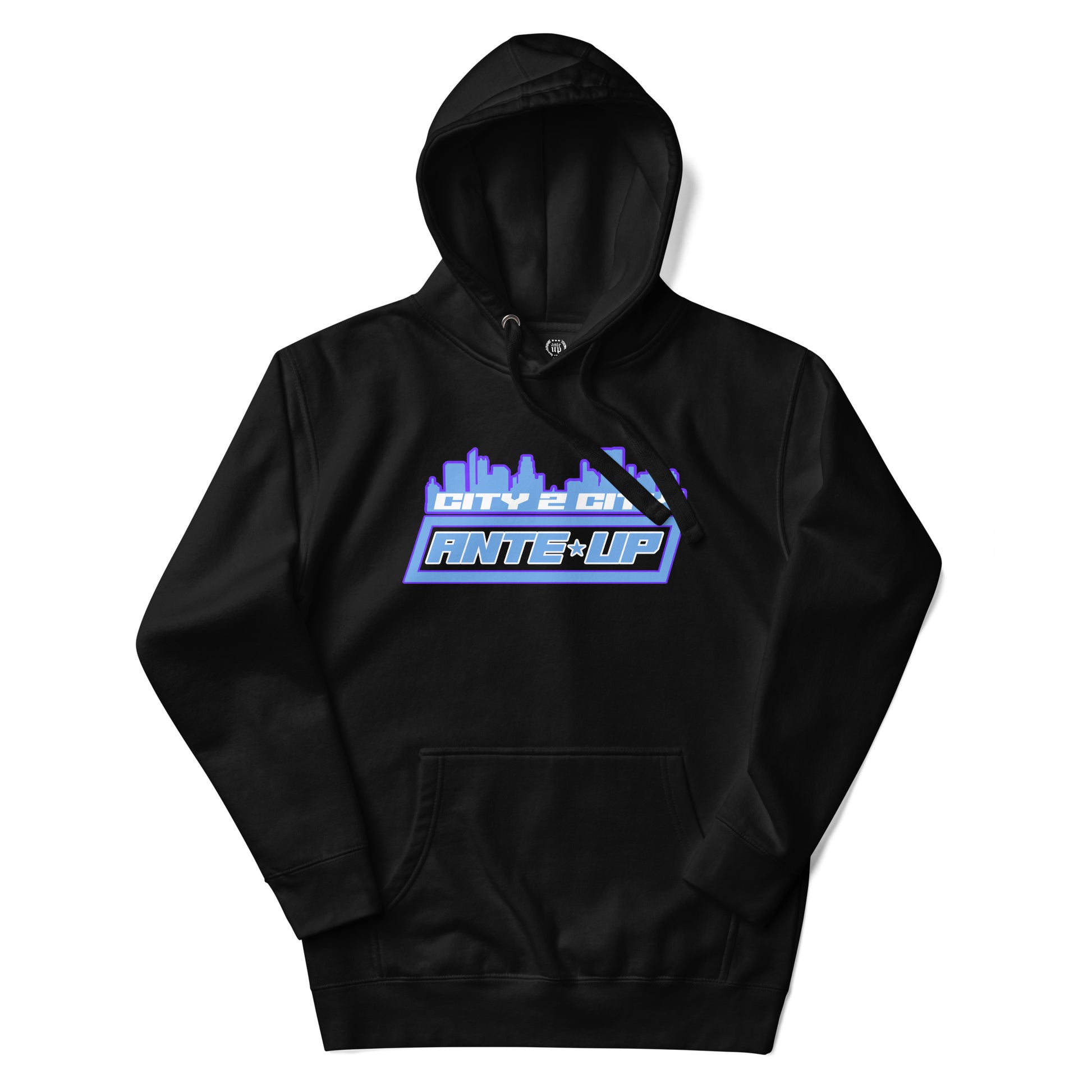 Stock photo of the Ante Up City 2 City Hoodie in black, displayed on a plain white background with a clear view of the front pocket and drawstrings.