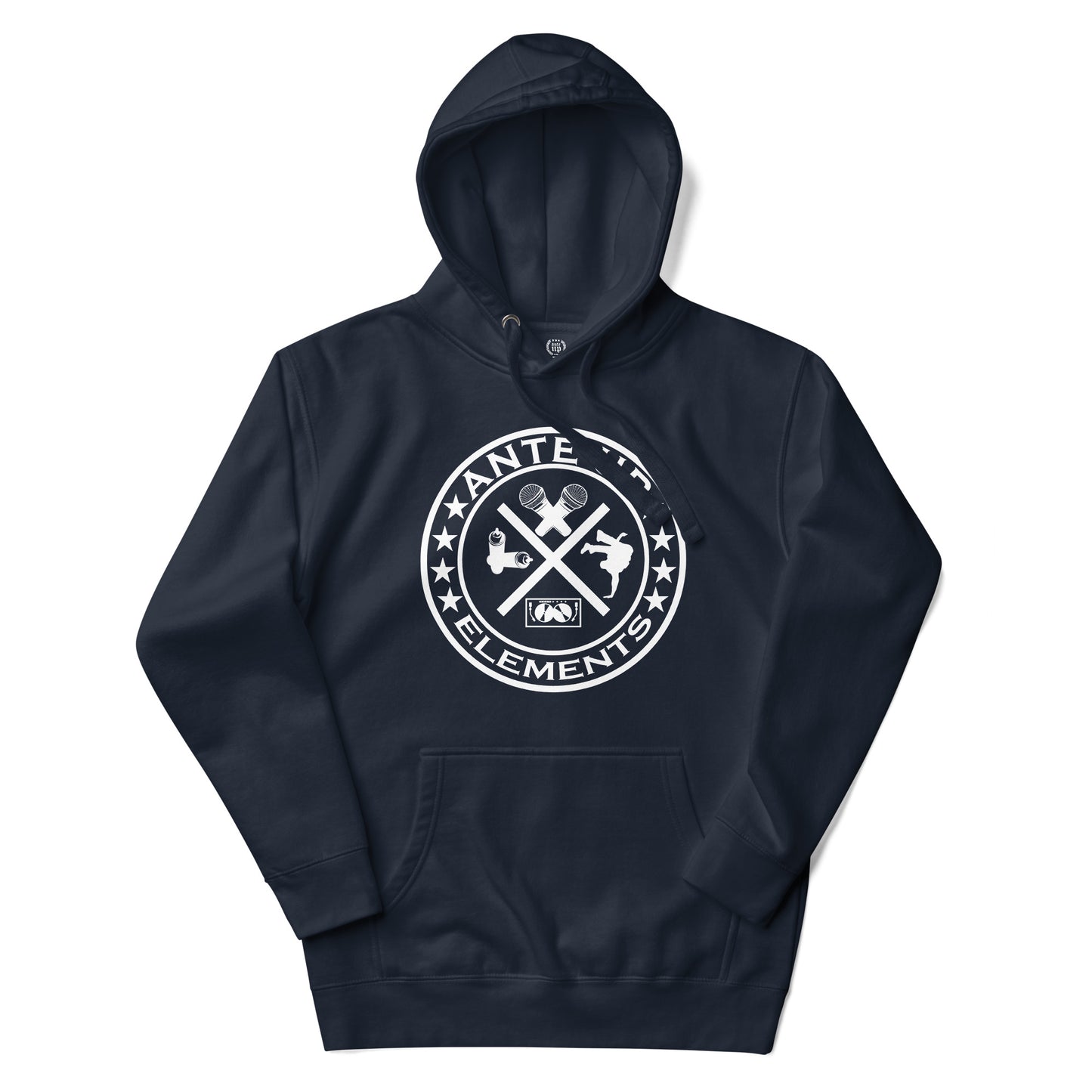 Close-up of the navy Ante Up 4 Hip Hop Elements Hoodie, featuring clean stitching and design details honoring hip hop culture.