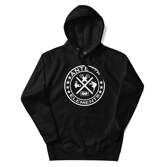 Model rocking the Ante Up 4 Hip Hop Elements Hoodie in black, representing the four core elements of hip hop with bold streetwear style.