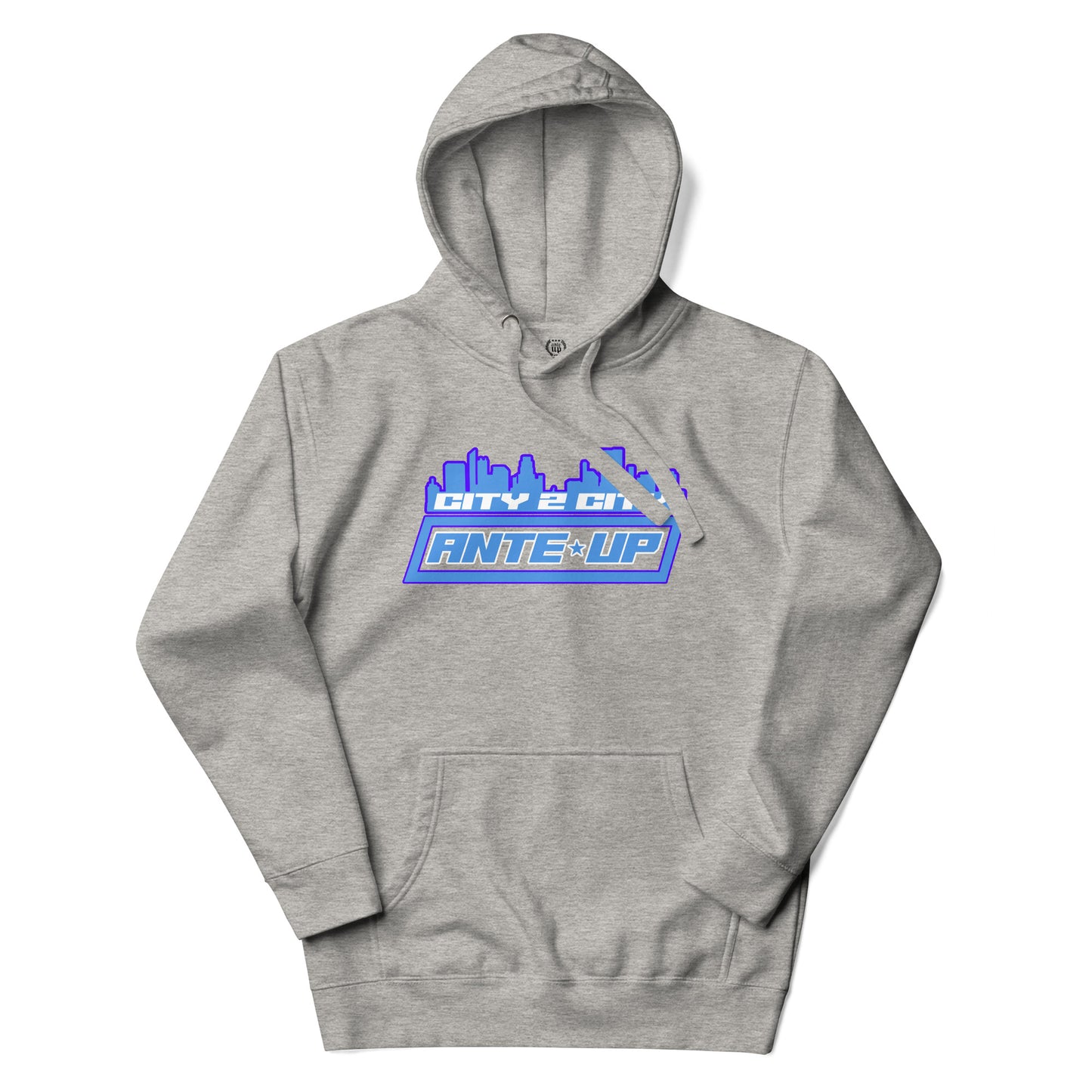 Flat-lay stock image of the Ante Up City 2 City Hoodie in heather grey, highlighting the soft fabric texture and classic unisex cut.