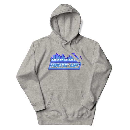 Flat-lay stock image of the Ante Up City 2 City Hoodie in heather grey, highlighting the soft fabric texture and classic unisex cut.