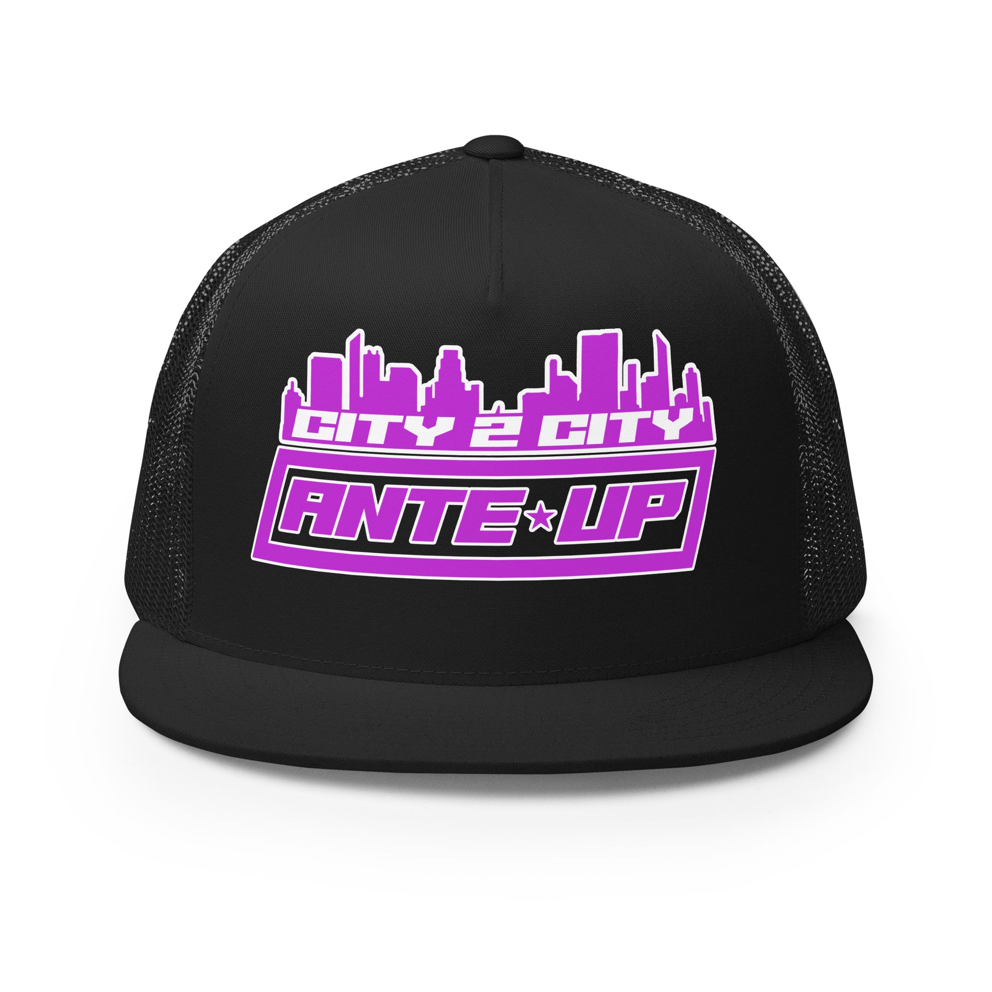 Black trucker cap featuring the City 2 City logo in bold purple centered on the front panel.