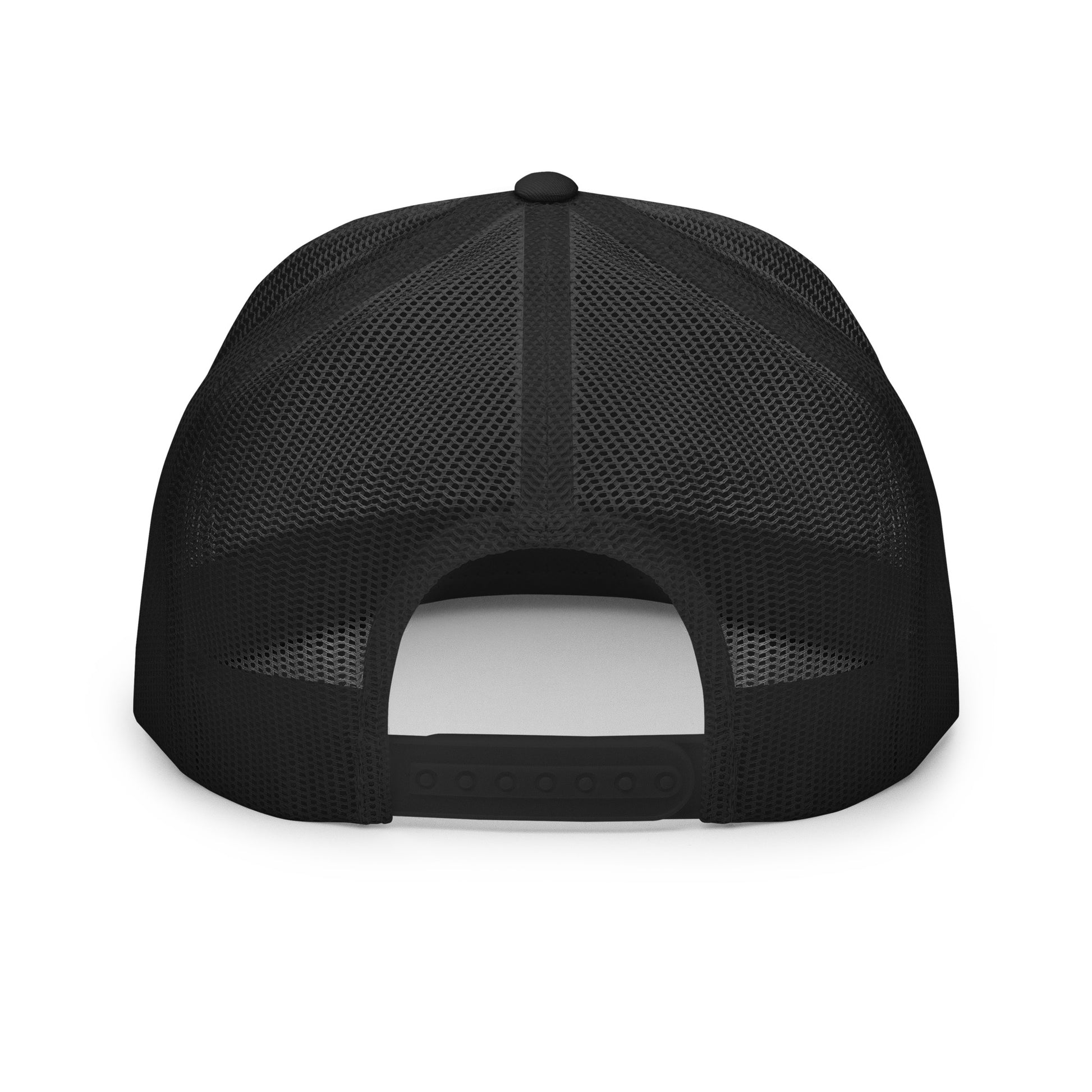 Rear view of a black mesh trucker cap with adjustable snapback closure; no visible logo from this angle.