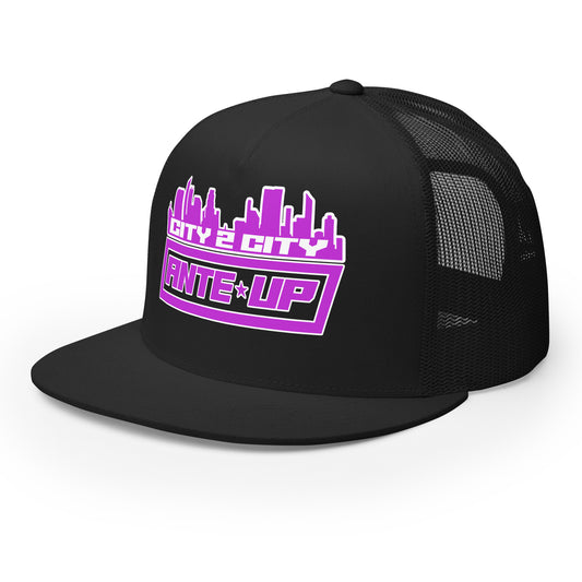 Left front view of a black trucker hat showing the purple City 2 City logo peeking from the front and mesh pattern on the sides.