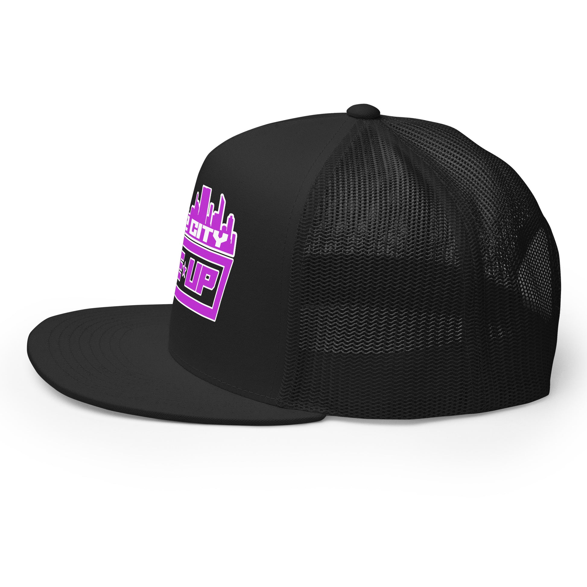 Left side view of a black trucker cap showing mesh back and the City 2 City purple logo partially visible on the front.