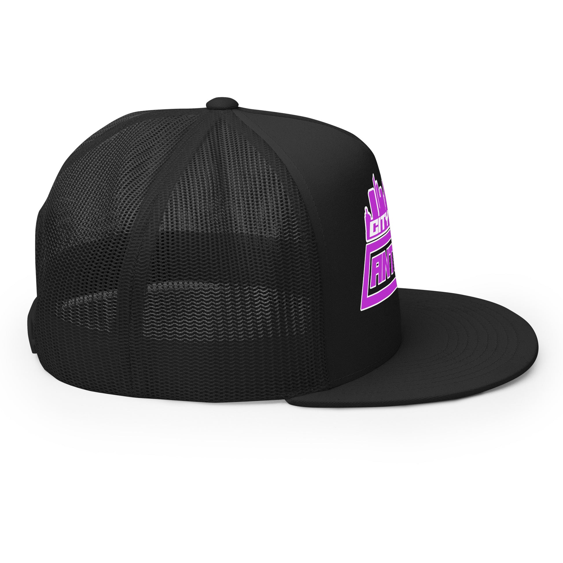 Right side angle of a black trucker cap with a clear look at the structured front and curved brim, City 2 City logo in purple on display.