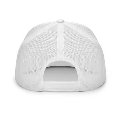 Back view of a white mesh trucker cap featuring an adjustable white snapback closure; logo not visible.