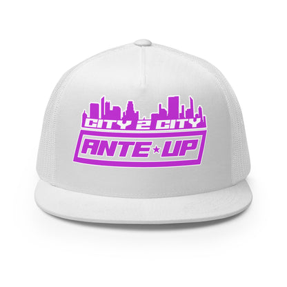 White trucker cap with a bold purple City 2 City logo centered on the structured front panel.