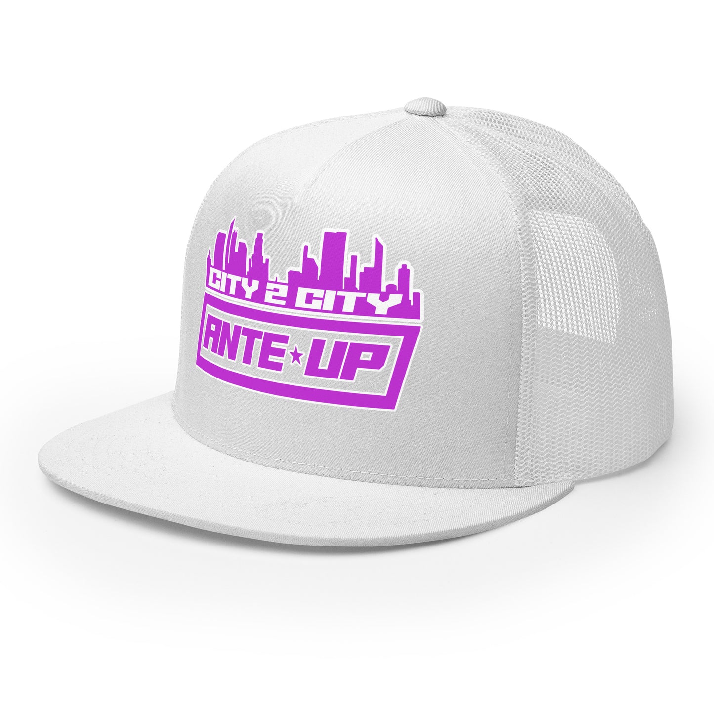 Angled front-left view of a white trucker cap showcasing the full City 2 City logo in purple and the cap’s curved brim and mesh detailing.