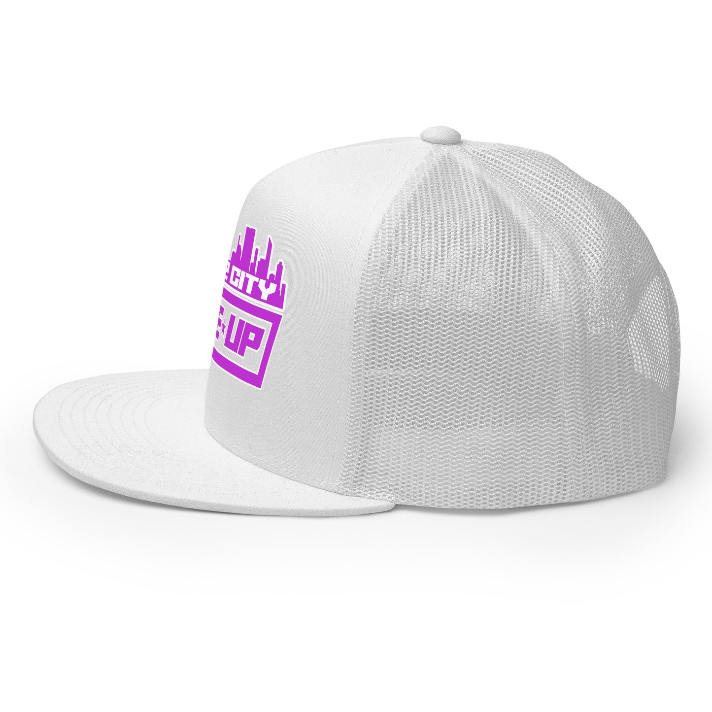 Left side profile of a white trucker cap showing the mesh back and a partial view of the City 2 City purple logo on the front.