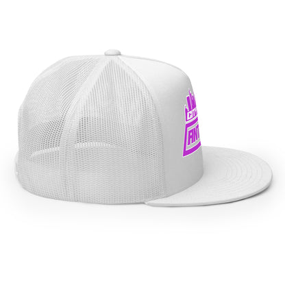 Right side view of a white trucker hat highlighting the breathable mesh back and structured crown with part of the purple City 2 City logo visible.